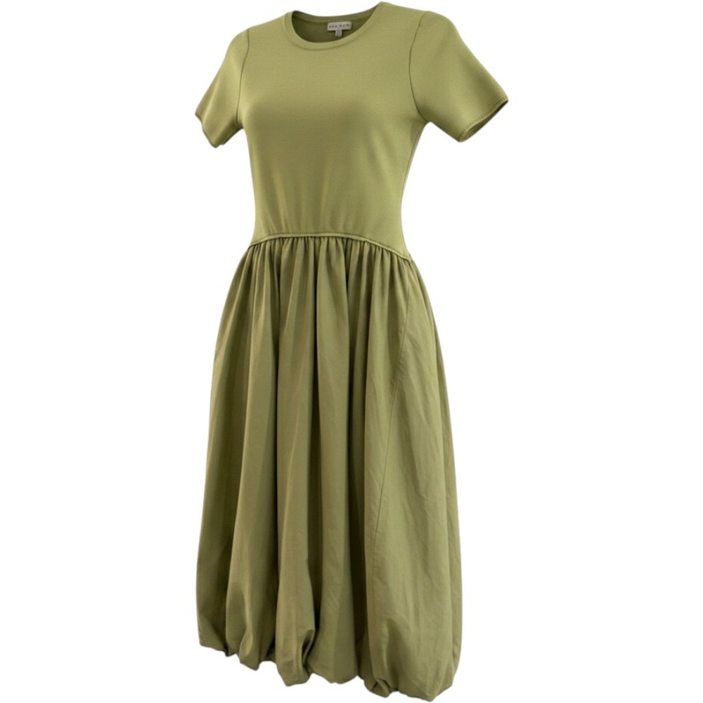 Moon River Mixed Media Midi Dress Womens Small Green Bubble Hem Knit Bodice
